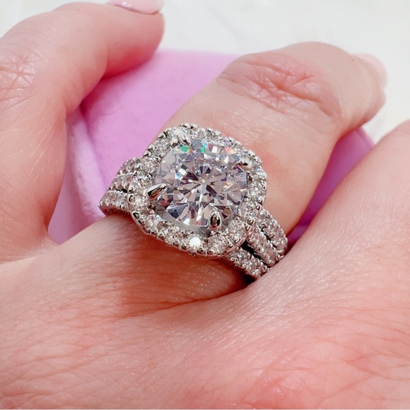 14k white gold 3 CT diamond ring round cut pave halo antique 7 style engagement - Picture 2 of 11